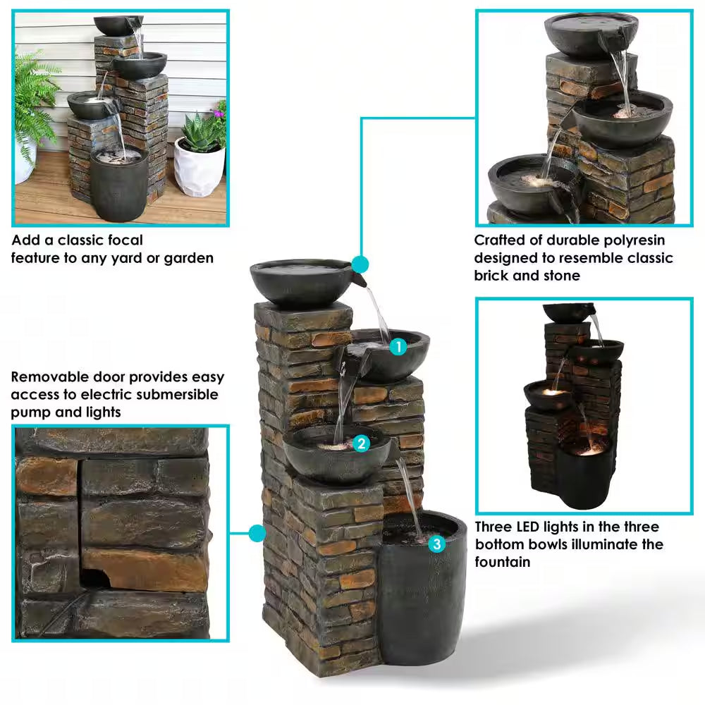 34 In. Staggered Bowls Tiered Outdoor Water Fountain with LED Lights