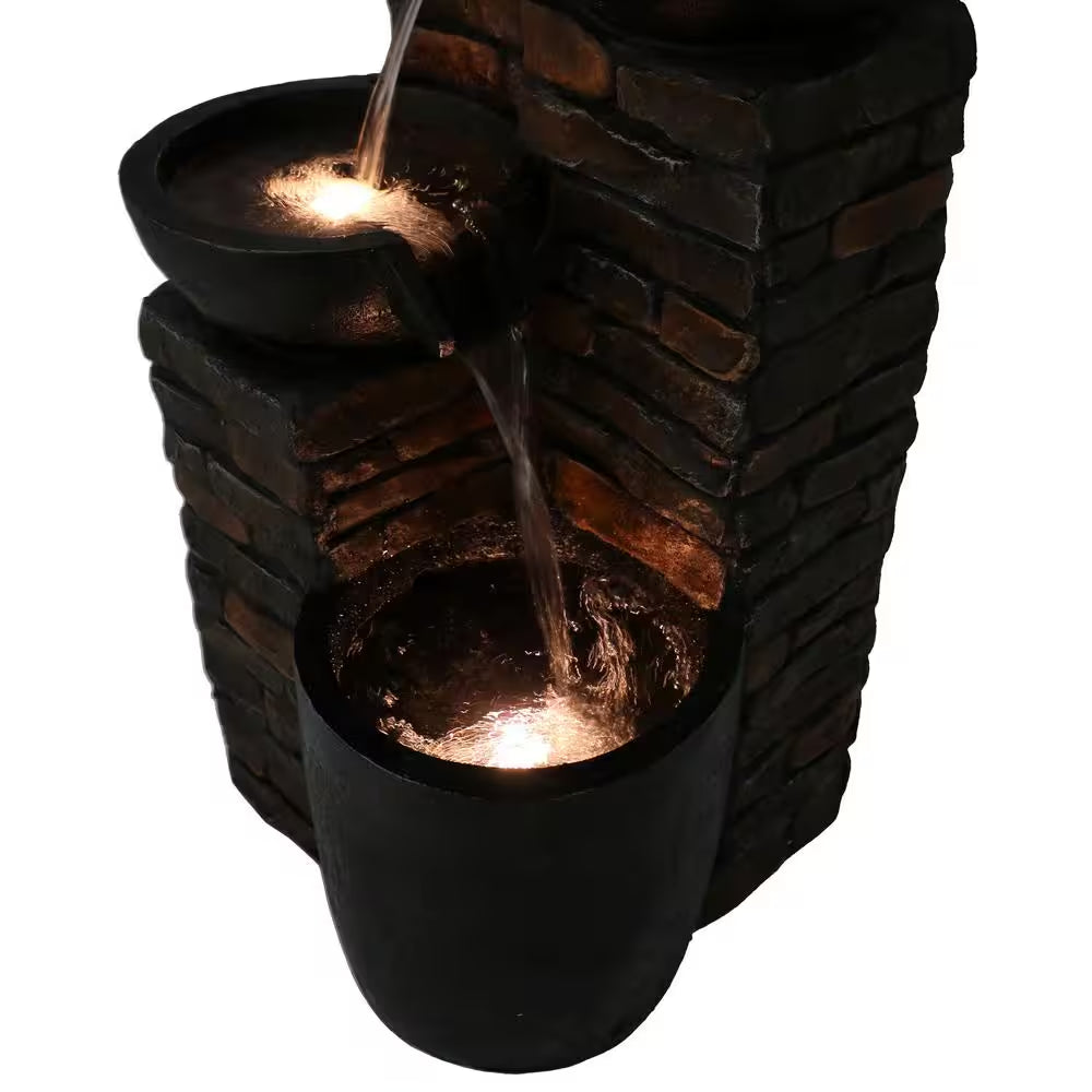 34 In. Staggered Bowls Tiered Outdoor Water Fountain with LED Lights