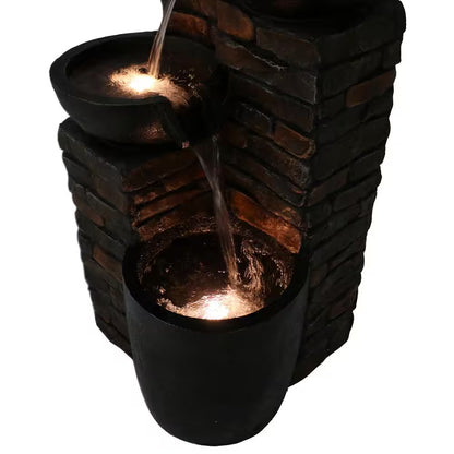 34 In. Staggered Bowls Tiered Outdoor Water Fountain with LED Lights