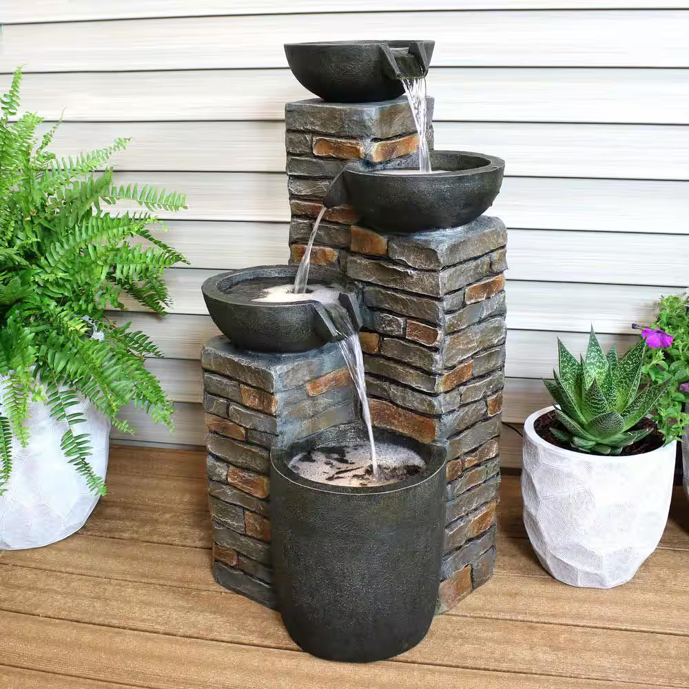 34 In. Staggered Bowls Tiered Outdoor Water Fountain with LED Lights