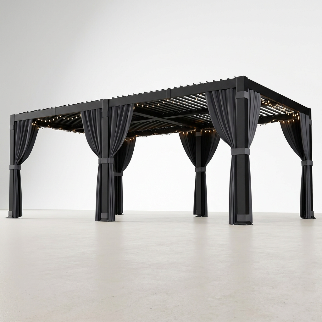 12 Ft. X 20 Ft. Black Aluminum Outdoor Louvered Pergola with Water-Tight Adjustable Roof — Studio Shot