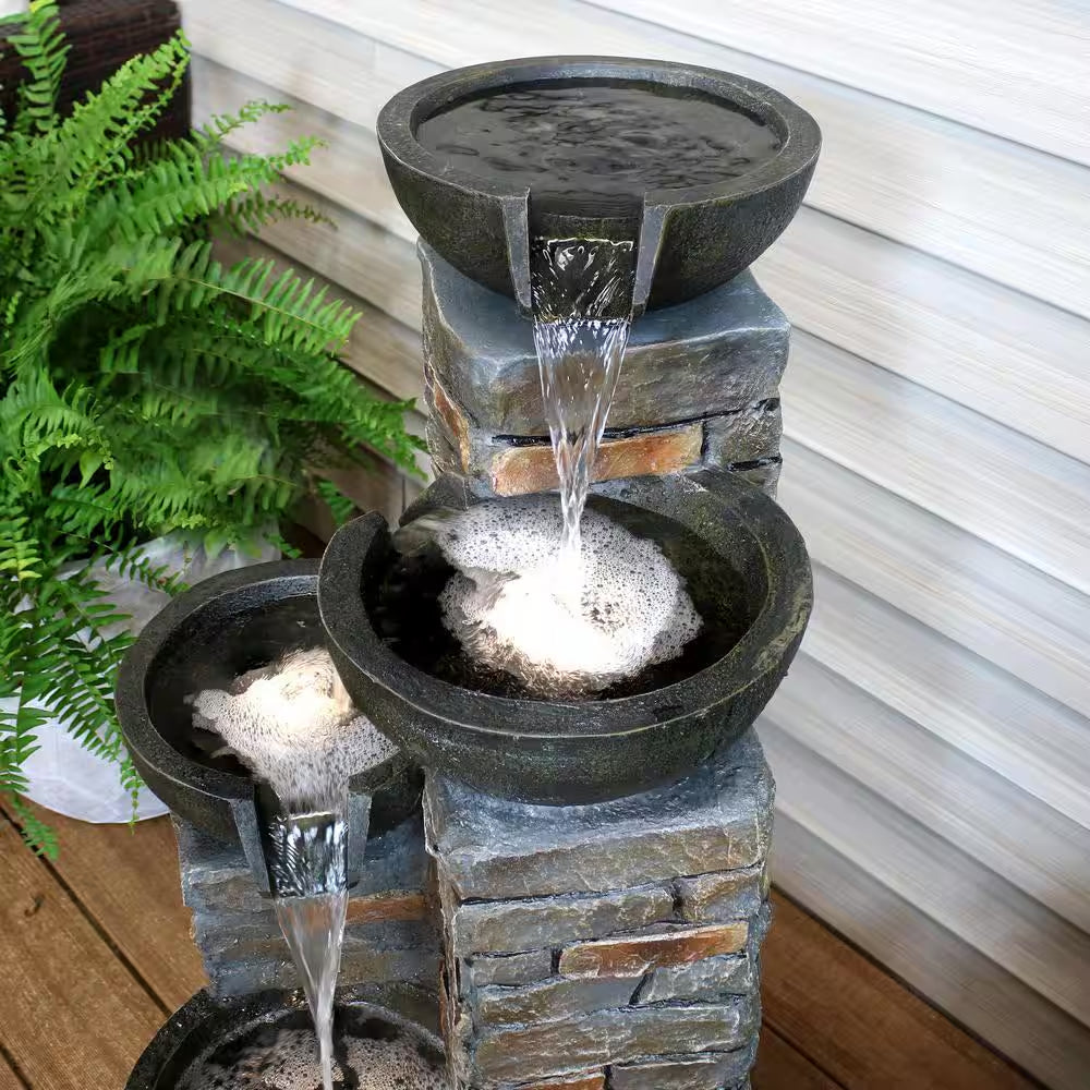 34 In. Staggered Bowls Tiered Outdoor Water Fountain with LED Lights