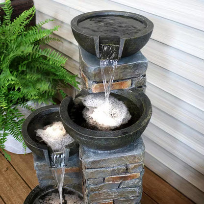 34 In. Staggered Bowls Tiered Outdoor Water Fountain with LED Lights