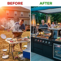 Outdoor Kitchen Island Black Stainless Steel with Sink & 46-Inch 4-Burner 72000 BTU Grill, Wine Cooler, Refrigerator, Rotisserie Kit & Granite Countertops — Before & After