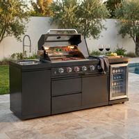 Outdoor Kitchen Island Black Stainless Steel with Sink & 46-Inch 4-Burner 72000 BTU Grill, Wine Cooler, Refrigerator, Rotisserie Kit & Granite Countertops — Studio Shot