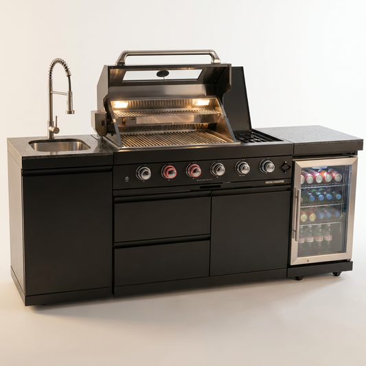 Outdoor Kitchen Island Black Stainless Steel with Sink & 46-Inch 4-Burner 72000 BTU Grill, Wine Cooler, Refrigerator, Rotisserie Kit & Granite Countertops — Studio Shot