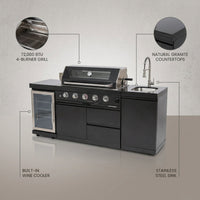 Outdoor Kitchen Island Black Stainless Steel with Sink & 46-Inch 4-Burner 72000 BTU Grill, Wine Cooler, Refrigerator, Rotisserie Kit & Granite Countertops — infographic