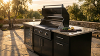 Outdoor Kitchen Island Black Stainless Steel with Sink & 46-Inch 4-Burner 72000 BTU Grill, Wine Cooler, Refrigerator, Rotisserie Kit & Granite Countertops — Lifestyle