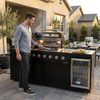 Outdoor Kitchen Island Black Stainless Steel with Sink & 46-Inch 4-Burner 72000 BTU Grill, Wine Cooler, Refrigerator, Rotisserie Kit & Granite Countertops — Lifestyle