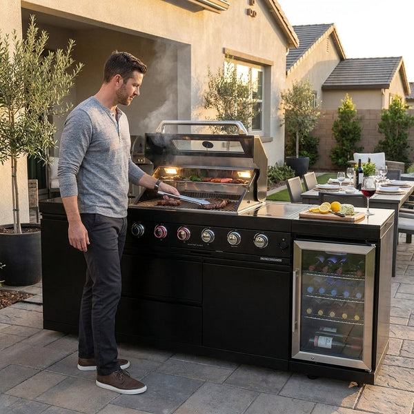 Professional Outdoor Kitchen Island with 72,000 BTU Grill, Granite Countertops, and Wine Cooler