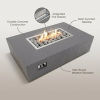 Rectangular Fire Pit Table Designed for Year-Round Outdoor Living, Concrete Construction, Multi-Function Use — infographic