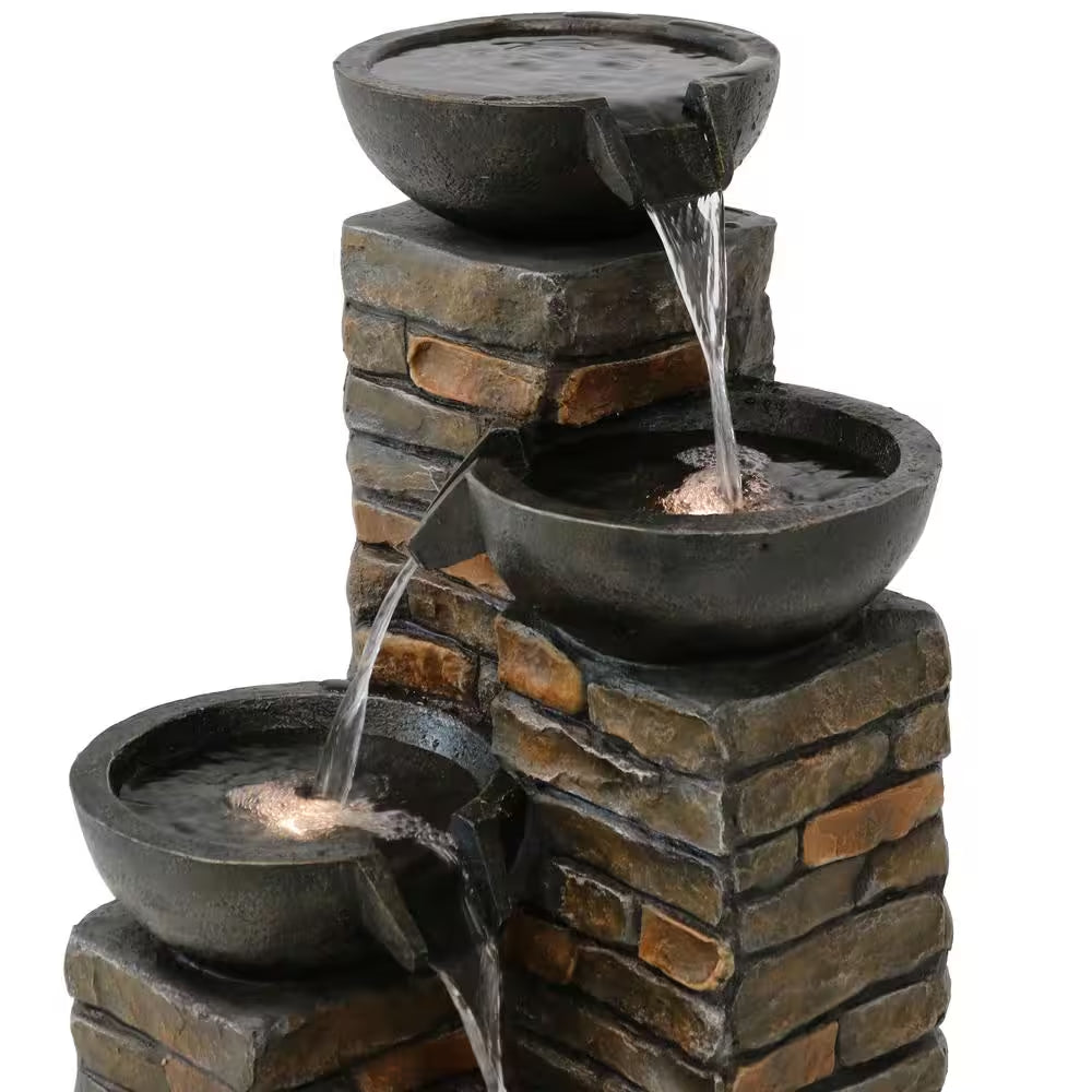 34 In. Staggered Bowls Tiered Outdoor Water Fountain with LED Lights
