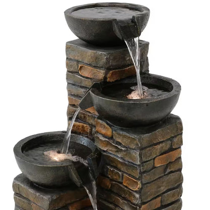 34 In. Staggered Bowls Tiered Outdoor Water Fountain with LED Lights
