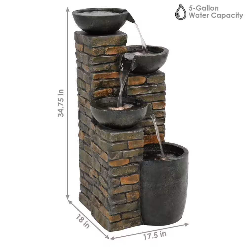 34 In. Staggered Bowls Tiered Outdoor Water Fountain with LED Lights